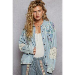 NWT POL Printed Woven Mix Raw Hem Jacket with Lace Detail